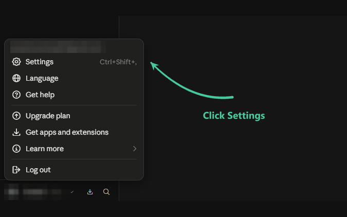 The Claude account menu with Settings highlighted