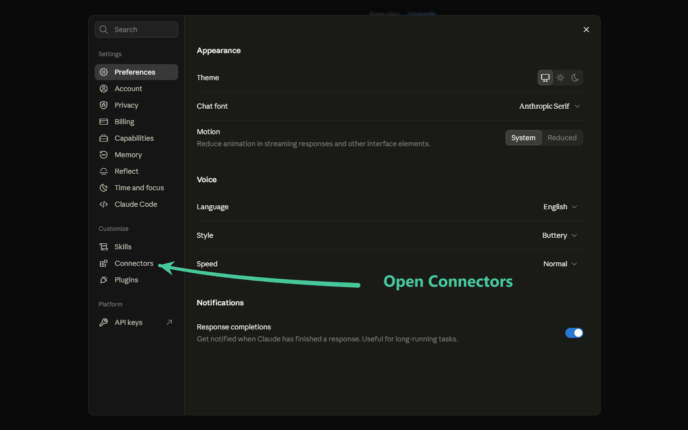Claude settings with an arrow pointing at Connectors in the sidebar