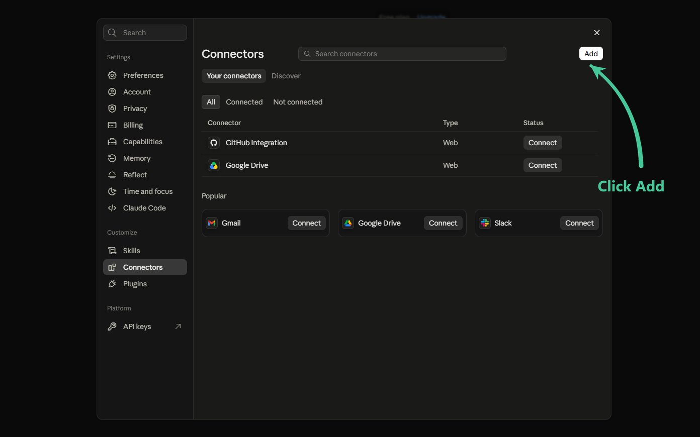 The connectors page with an arrow pointing at the Add button