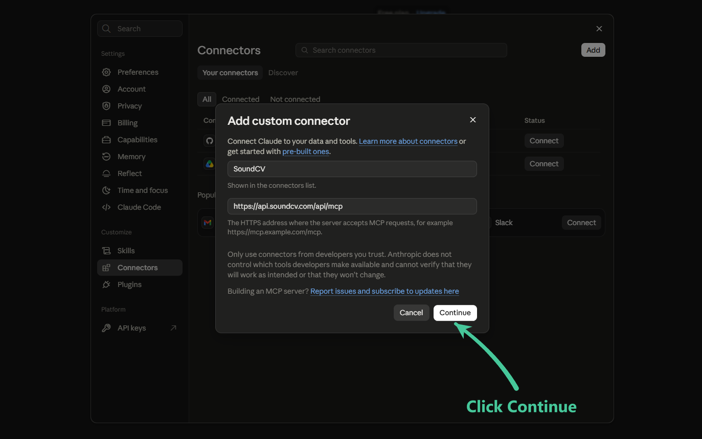 The add connector dialog with the SoundCV name and MCP address filled in