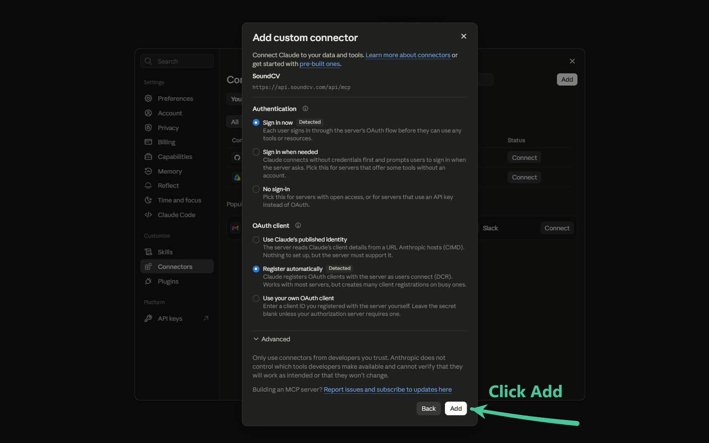 The authentication and OAuth client options, both already detected, with the Add button