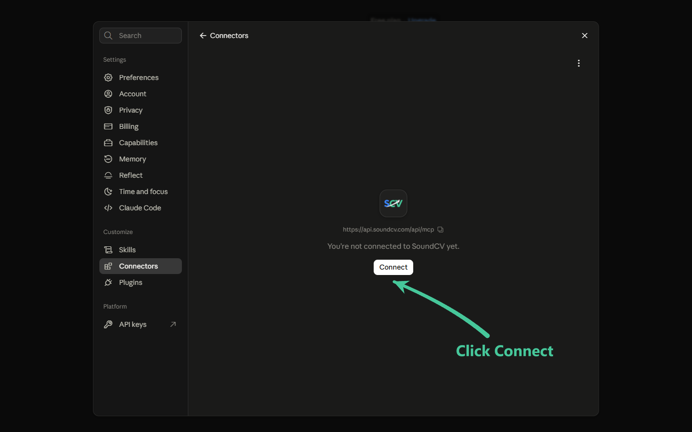 The SoundCV connector page showing it is not connected yet, with a Connect button