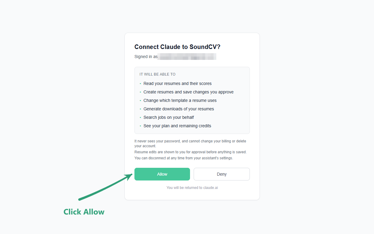 The SoundCV approval screen listing the permissions being requested