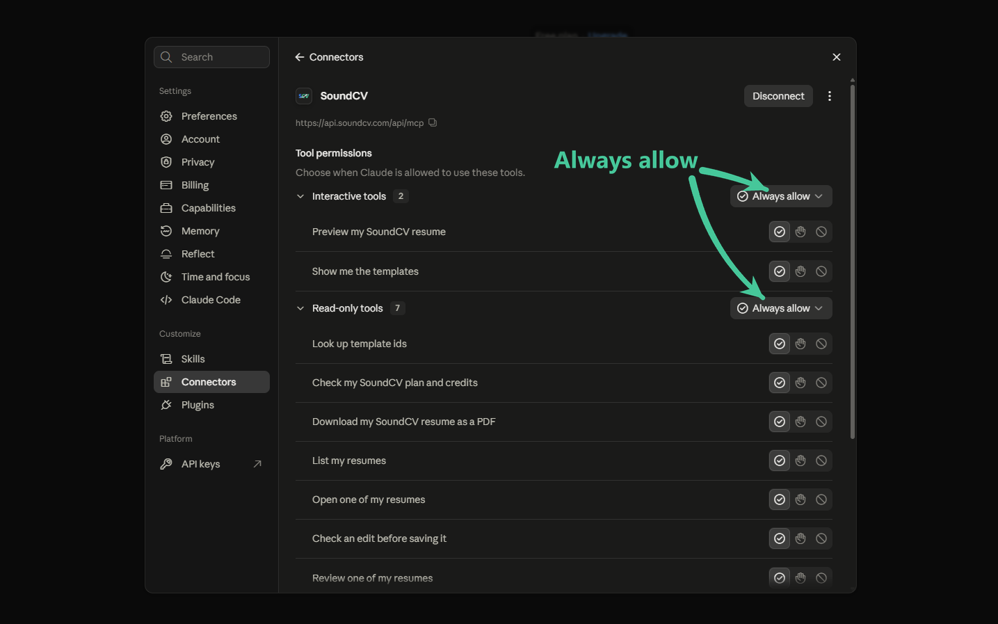 The connected SoundCV connector with its tool permission groups set to Always allow