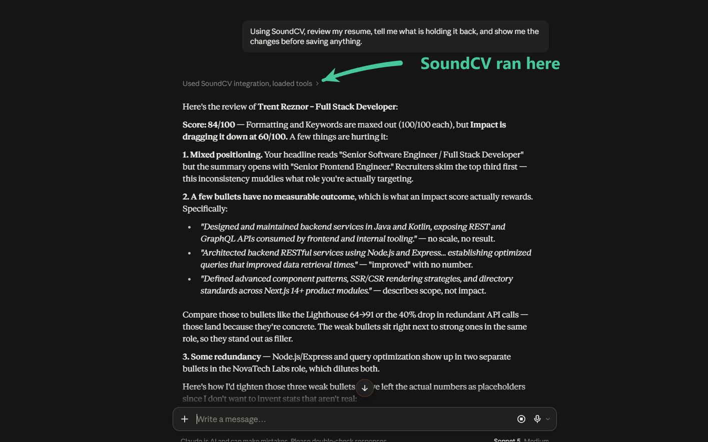 A Claude conversation with SoundCV enabled, reviewing a resume